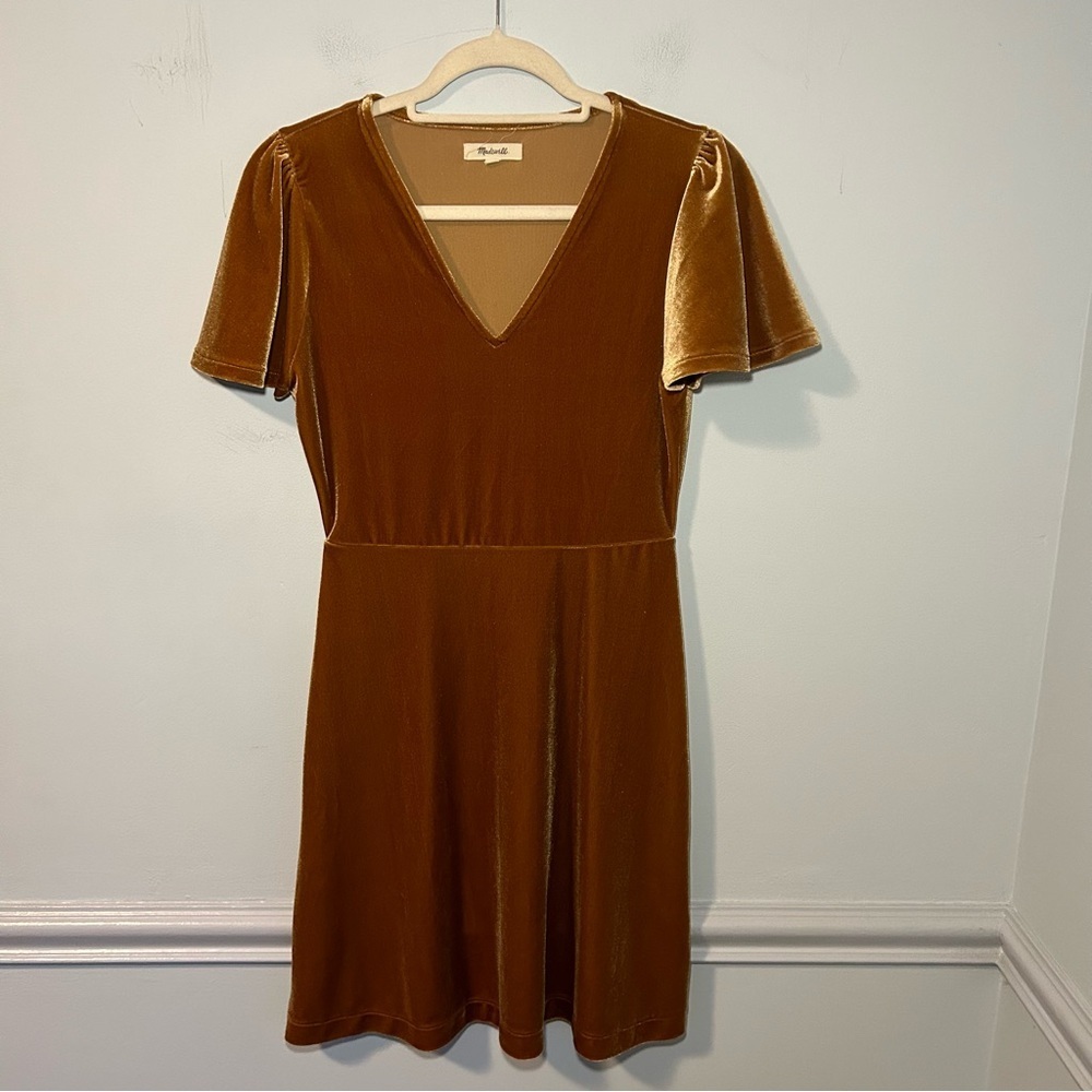 Madewell Brown Velvet Deep V-Neck Flutter Sleeve Knee Length Mini Dress Size XS